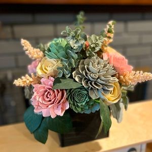 Wooden Floral Arrangement Roses Chrysanthemums Eucalyptus and Succulent
